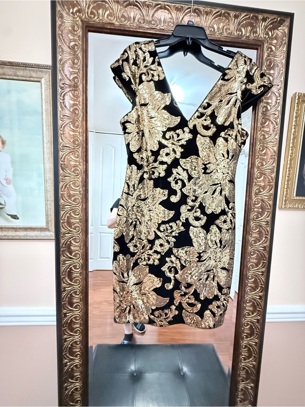 Guess Black Mini Dress with Gold Sequin Floral Design